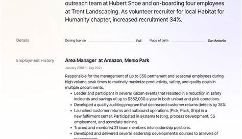 Area Manager 2 Amazon Salary Support and Help Detail Резюме и руководство 1 Примеры