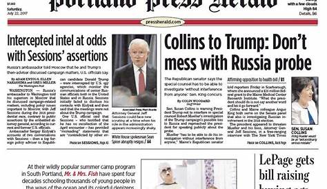 Pressherald Today’s Portland Press Herald Front Page 22 июля 2017 г.